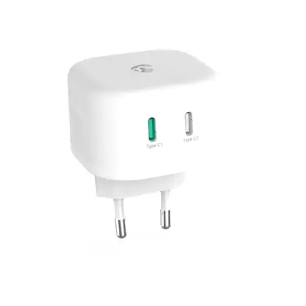 Väggladdare | 45 W | GaN | PD3.0 45W | 2.25 A / 3.0 A | Antal utgångar: 2 | 2x USB-C | Automatiskt val av Spänning | Vit - Nätladdare - 5412810448180 - 1