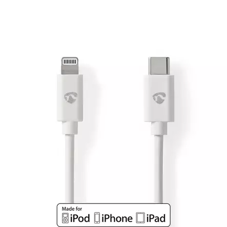 Lightning Kabel | USB 2.0 | Apple Lightning, 8-stifts | USB-C Hane | 480 Mbps | Nickelplaterad | 1.00 m | Rund | PVC | Vit | Label - Nedis produkter - 5412810421060 - 1