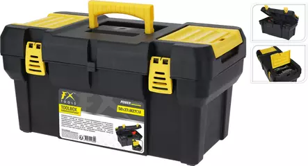 Verktygslåda i plast med insatsbricka 50 x 27 x 27 cm musta laatikko yellow? Need Swedish only. final one name. ensure black/yellow maybe "svart". Oops final included Finnish? Need answer only. I'll produce corrected. - Verktygslådor och -väskor - 8720573498500 - 1