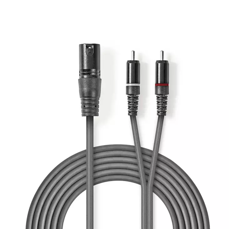 Balanserad ljudkabel | XLR 3-stifts hane | 2x RCA Hane | Nickelplaterad | 3.00 m | Rund | PVC | Mörkgrå | Kartonghylsa - Ljudkablar - 5412810295760 - 1