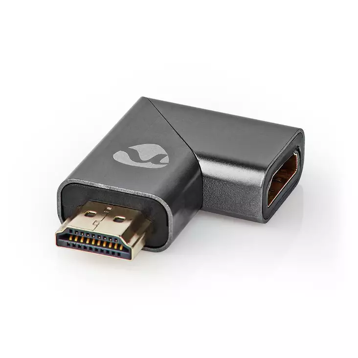 HDMI Adapter | HDMI Hane / HDMI Kontakt | HDMI Utgång | Guldplaterad | Vinklat höger | Aluminium | Grått Med Metall | 1 st. | Kartong med täckt fönster - Videokontakter och pluggar - 5412810333240 - 1
