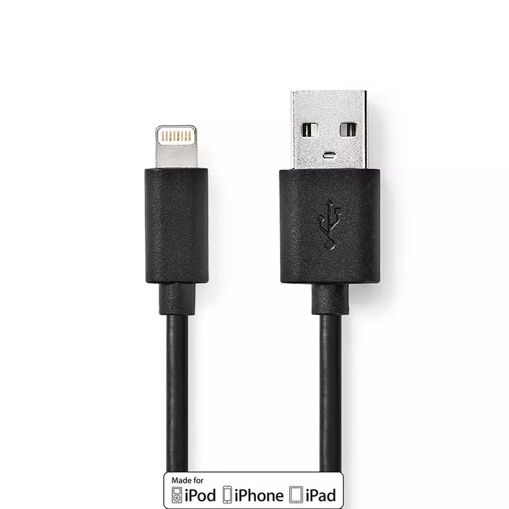 Lightning Kabel | USB 2.0 | Apple Lightning, 8-stifts | USB-A Hane | 480 Mbps | Nickelplaterad | 1.00 m | Rund | PVC | Svart | Låda - Blixtkablar - 5412810303830 - 1