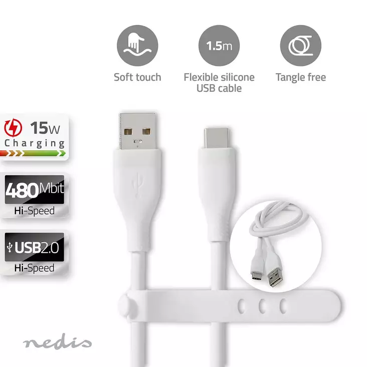 USB-kabel | USB 2.0 | USB-A Hane | USB-C Hane | 15 W | 480 Mbps | Nickelplaterad | 1.50 m | Rund | Silikon | Vit | Låda - Dator och nätverk - 5412810417940 - 1