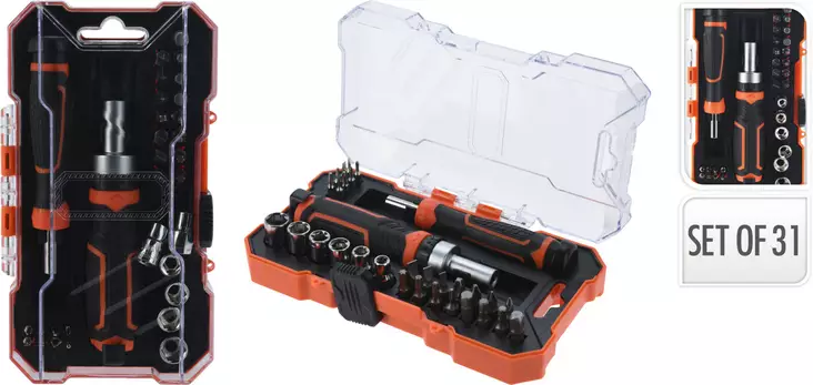 31-delars spärrskruvmejsel- och hylsnyckelsats | Mångsidigt reparations- och gör-det-själv verktygsset - Skruvmejslar - 8721037129640 - 1