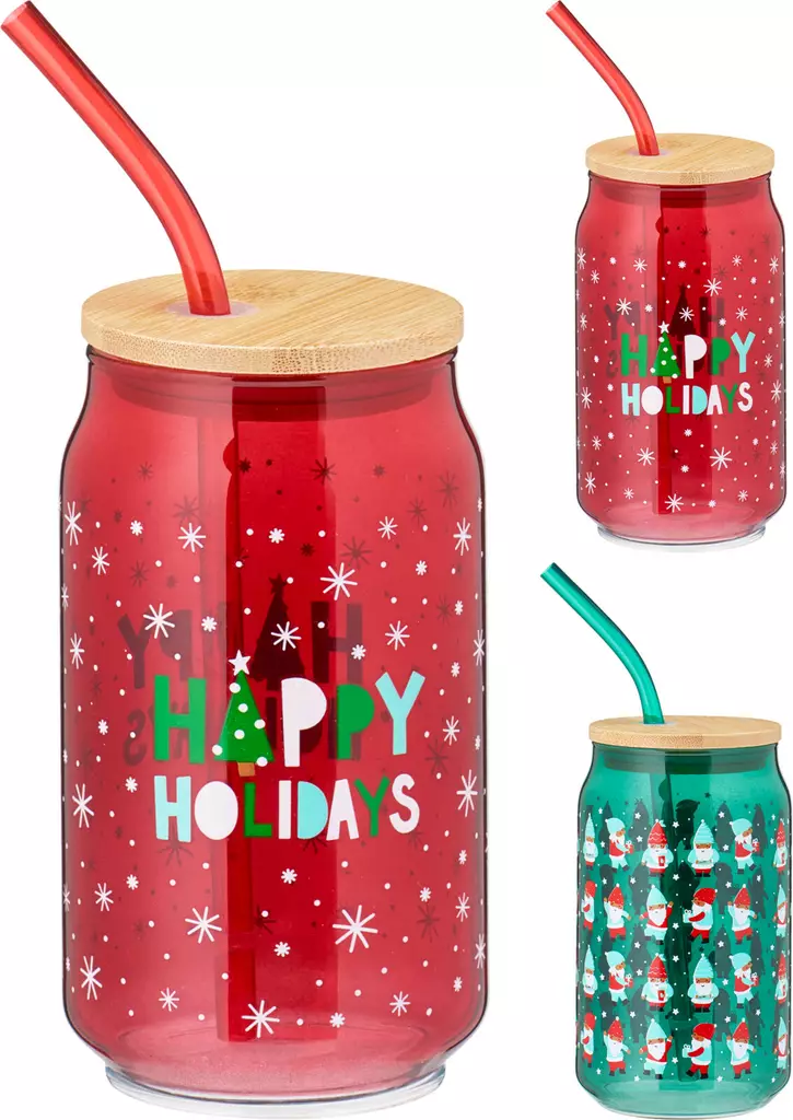 Julens festliga glas­tumbler med bambulock och återanvändbart sugrör – en ekologisk gåvoidé - Juldukning för julen - 8721037525350 - 1
