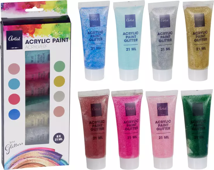 Akrylfärgset Glitter 8 färger - Akrylfärger och målarfärger - 8721037840880 - 1