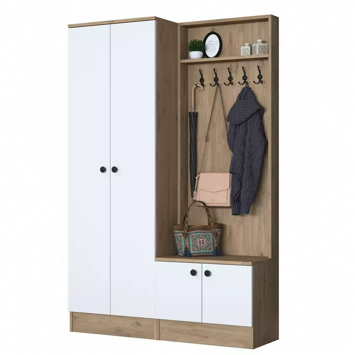 Hallmöbel Hanah Home P6 M5 2423 Vit Valnöt Spånskiva 119,6x182,8x35,5 cm - Hallskåp - 8683743764600 - 1