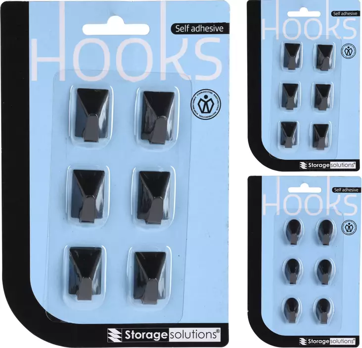 Självhäftande svarta krokar, 6 st, kantig eller rund form, rostfritt stål, förvaringslösningar - Klädhängare och skoställ - 8720573442800 - 1