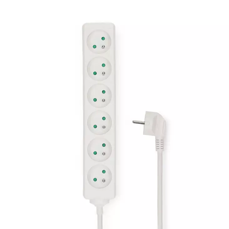 Gren kontakt | Jordad kontakt / Typ F (CEE 7/7) | 6-vägs | 3.00 m | 3680 W | 16 A | Vit - Förlängningskablar - 5412810466030 - 30