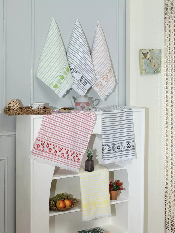 Kökshandduk Set Hermia Vit Grå Grön Orange Röd Bomull 6 Delar - Kökstextilier - 8684283056880 - 1