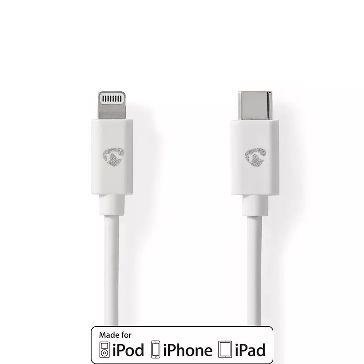 Lightning Kabel | USB 2.0 | Apple Lightning, 8-stifts | USB-C Hane | 480 Mbps | Nickelplaterad | 1.00 m | Rund | PVC | Vit | Label - Nedis produkter - 5412810421060 - 1