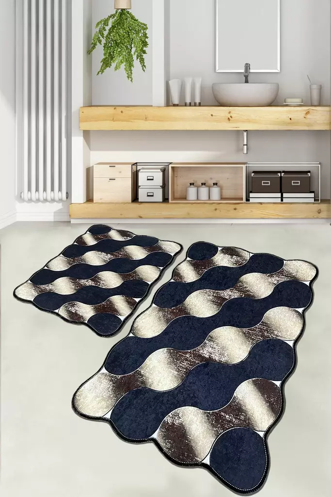 Badrumsmatta Set L'essentiel Mörkblå Guld Beige 100% Polyester Halkfri Antibakteriell 50x60 cm & 60x100 cm - Badrumsmattor och våtrumsmattor - 8683743784370 - 1