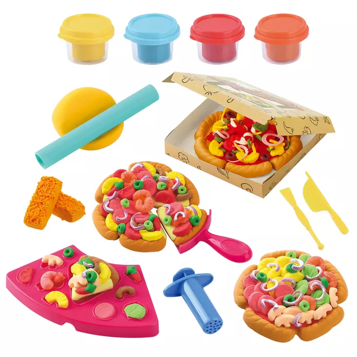 Modelleringslera pizzaset 4 x 28 g Playgo - Pizzatema lersats, rekommenderad från 3 år+ - Leksaksmassor och slimer - 6410416567310 - 1