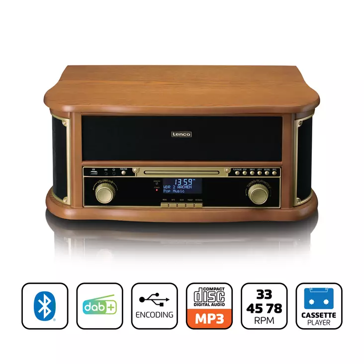 Retro skivspelare i trä med Bluetooth®, DAB+/FM-radio, USB-kodning, CD-spelare, kassettspelare och inbyggda högtalare - Skivspelare och nålar - 8711902082910 - 1
