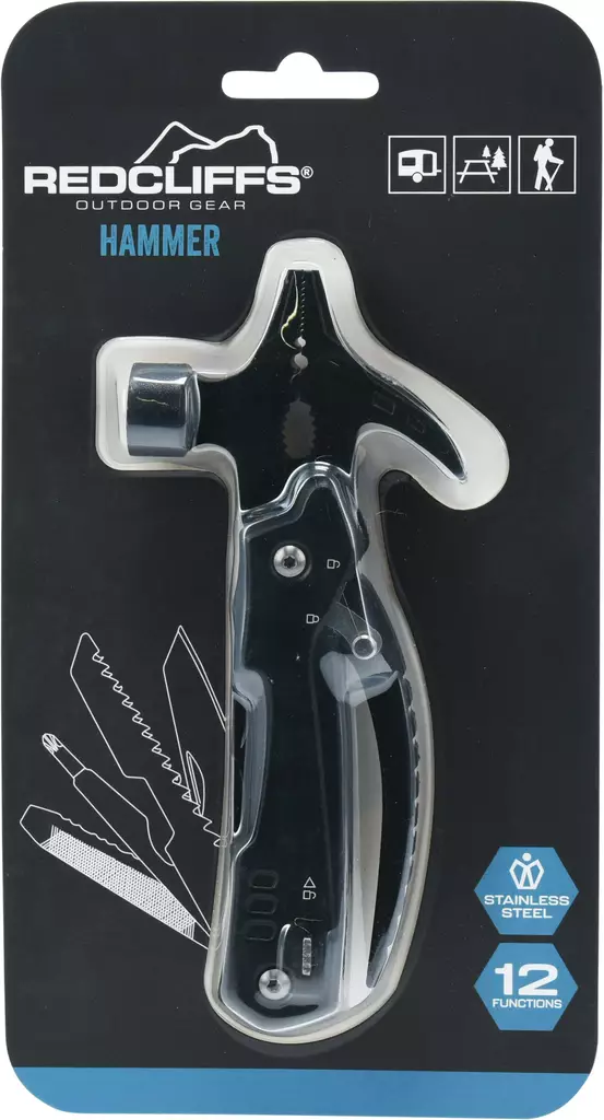 Multiverktygshammare i rostfritt stål med 12 funktioner 15 cm musta kahva - Friluftsutrustning - 8720573976220 - 1