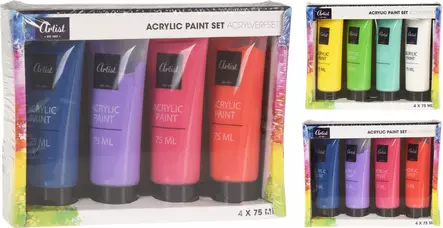 Akrylfärgset 75 ml, 4 st - Mångsidig Färgpalett - Akrylfärger och målarfärger - 8720573214841 - 1