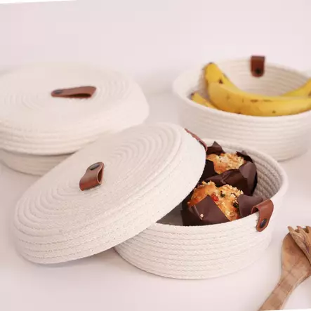 Bomullskorgset (3 delar), ecru, 20 x 20 x 9 cm, handgjort, mångsidigt - Förvaringslådor och korgar - 8683742916581 - 1