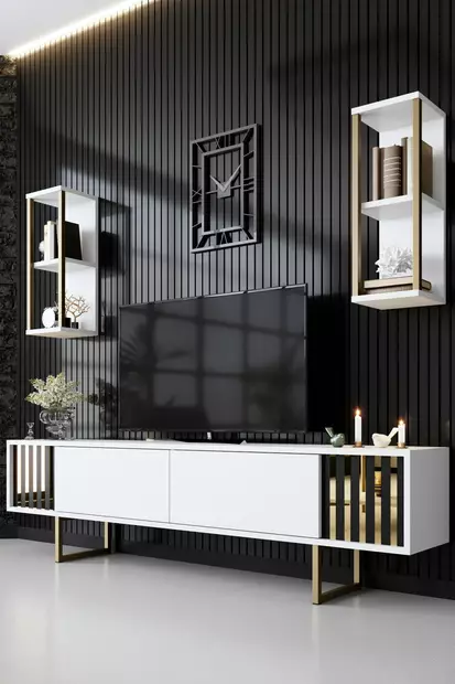 TV-bänk Hanah Home Gold Line Vit Svart Spånskiva 180x30x48 cm - TV-bänkar - 8683742126171 - 2