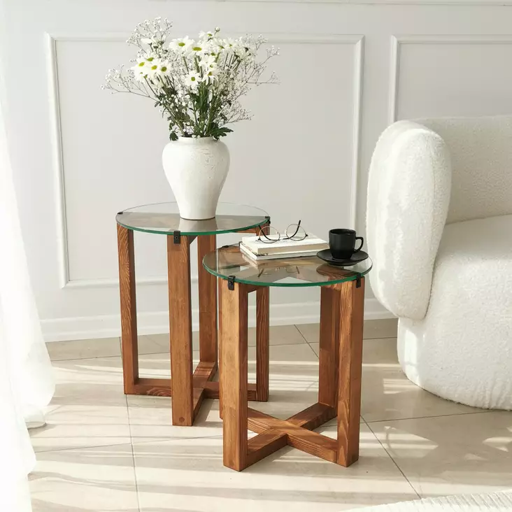 Sidobord Hanah Home Amalfi Valnöt Härdat Glas Massiv Furu 40x45 40x50 cm - Bord - 8683342979221 - 1