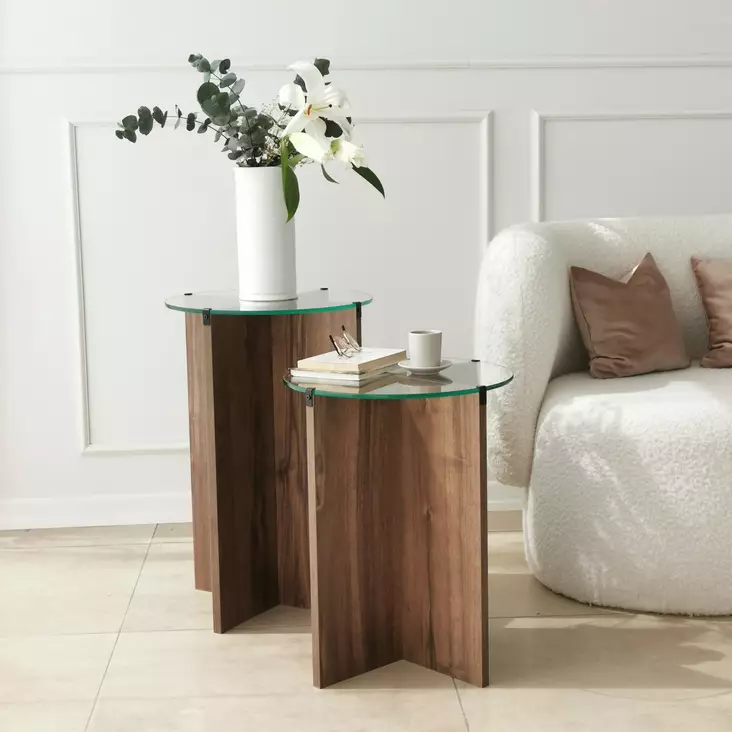 Nestingbord Hanah Home Lily Valnöt Härdat Glas Spånskiva 40x45 40x50 cm - Bord - 8683342979191 - 1