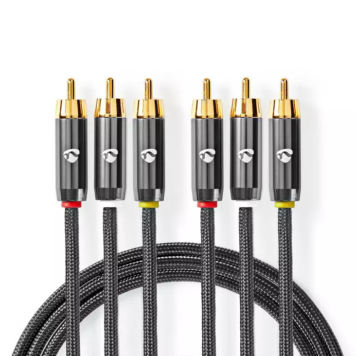 Komposit videokabel | 3x RCA Hane | 3x RCA Hane | Guldplaterad | 480p | 2.00 m | Rund | Bomull | Antracit / Grått Med Metall | Kartong med täckt fönster - Dator och nätverk - 5412810318841 - 1