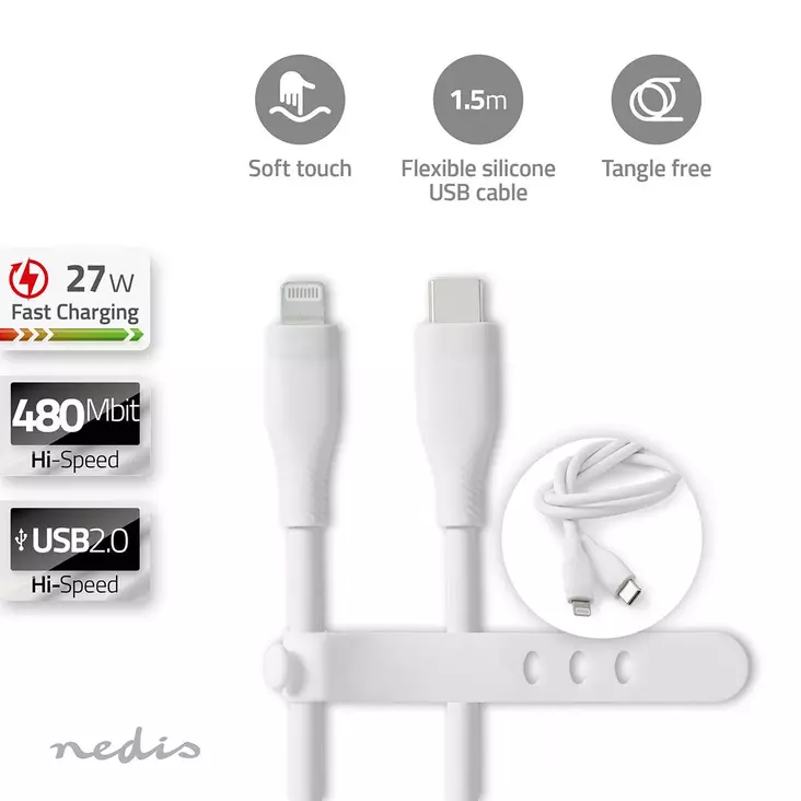 Lightning Kabel | USB 2.0 | Apple Lightning, 8-stifts | USB-C Hane | 480 Mbps | Nickelplaterad | 1.50 m | Rund | Silikon | Vit | Låda - Nedis produkter - 5412810417971 - 1