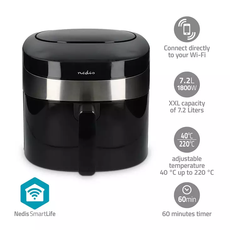 SmartLife Hot Air Fryer | Wi-Fi | 7,2 l | Timer: 60 min | Antal förinställda program: 8 | Digital | Android / IOS | Svart - Luftfritöser - 5412810438181 - 1