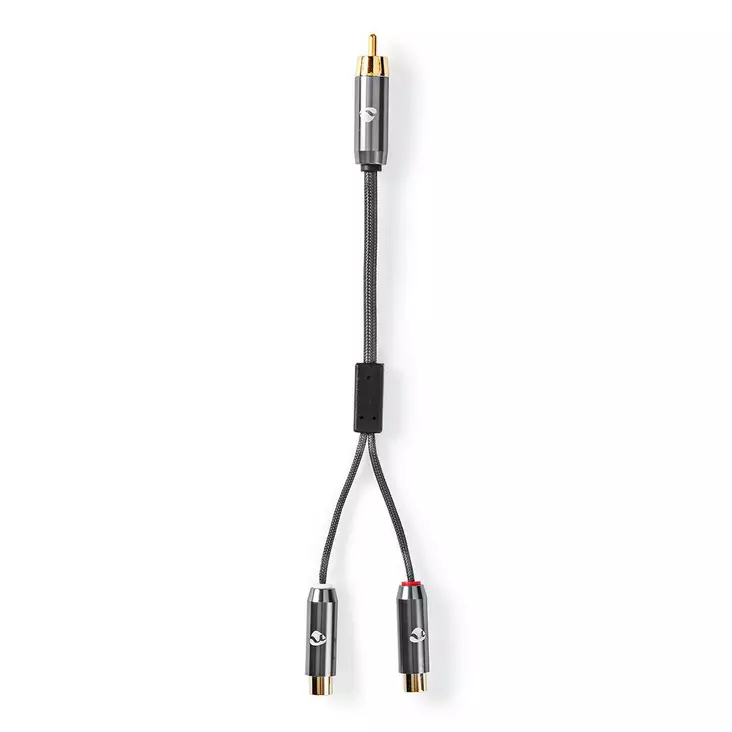 Subwoofer Kabel | RCA Hane | 2x RCA Hona | Guldplaterad | 0.20 m | Rund | 4.5 mm | Grått Med Metall | Kartong med täckt fönster - Ljudkablar - 5412810318681 - 1