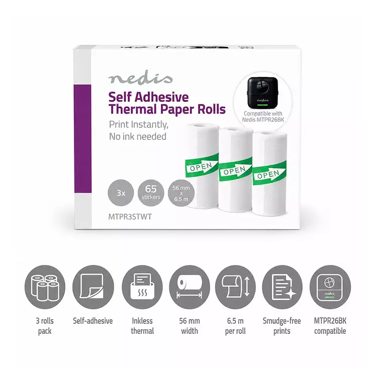 Skrivarrullar | Klistermärke papper | 3.00 m | 56 mm | 3 st. | Vit - Nedis produkter - 5412810481491 - 1