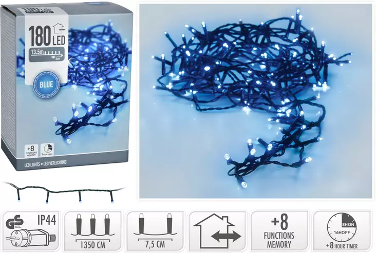 LED Julbelysning För Utomhusbruk 180 Blå LED 13,5m Timer 8 Funktioner IP44 Energieffektiv - Ljusslingor - 8720573811491 - 1