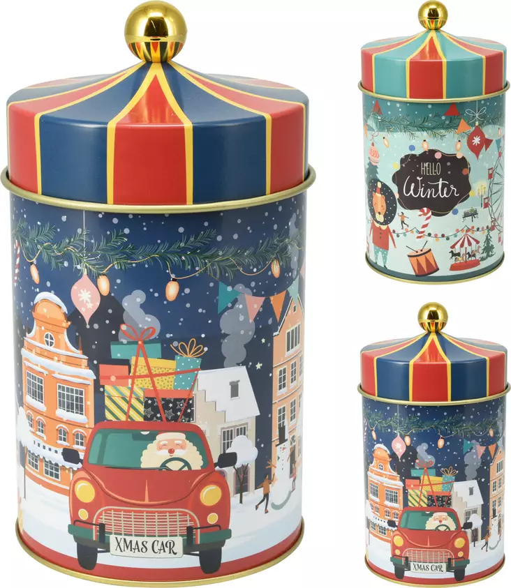 Julens metallburk 10x18 cm – dekorativ presentförpackning för kakor och godis - Juldekorationer och textilier - 8721037084871 - 1