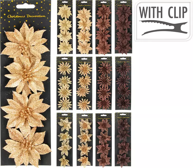 Glittrande julblomma med klämma 8 cm – set med 4 dekorationsblommor för granen, kransen och gåvor - Juldekorationer och textilier - 8721037607131 - 1