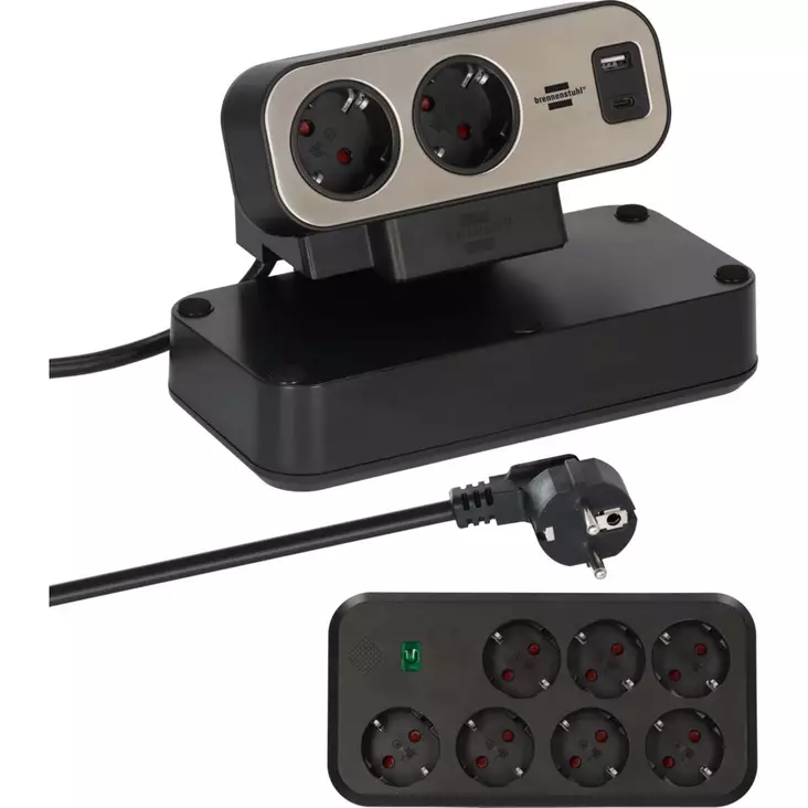 Estilo Duplex grenuttag med överspänningsskydd, 1x USB C, 1x USB A, 9x uttag, silver/svart - Förlängningskablar - 4007123682171 - 10