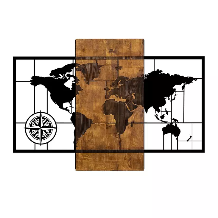 Väggdekor Trä Wallity World Map With Compass Valnöt/Svart Trä/Metall 58x85 cm - Dekorationer, prydnadsföremål - 8681875602371 - 1