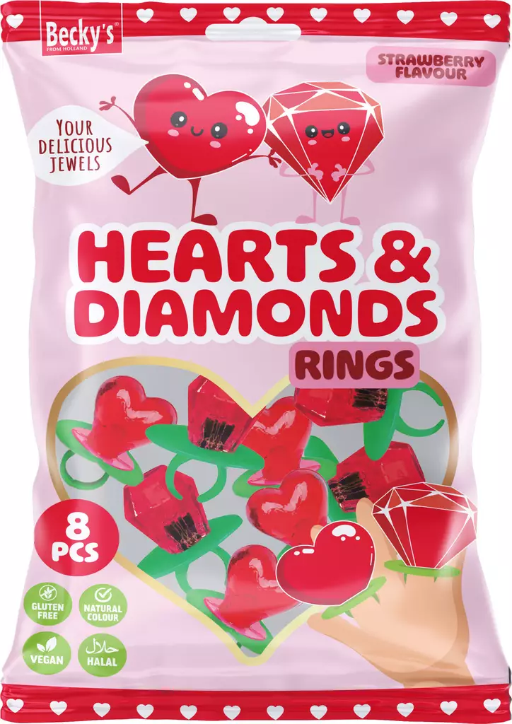 Godisringar med hjärtan och diamanter, jordgubbssmak, 8-pack - Godis - 8713305821691 - 1