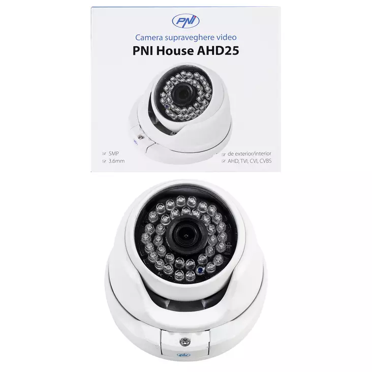 PNI House AHD25 5 MP videoövervakningskamera, kupol, 3,6 mm lins, 36 IR-lysdioder, utomhus eller inomhus, IP66 - PNI produkter - 5949066526411 - 1