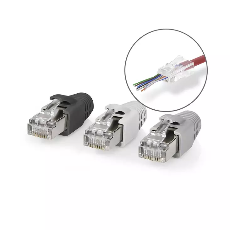 RJ45-kontakt | RJ45 Pass Through | Solid/strängad FTP CAT6 | Rak | Guldplaterad | 10 st. | Polycarbonate | Grå / Svart / Vit | Låda - Dator och nätverk - 5412810336401 - 1