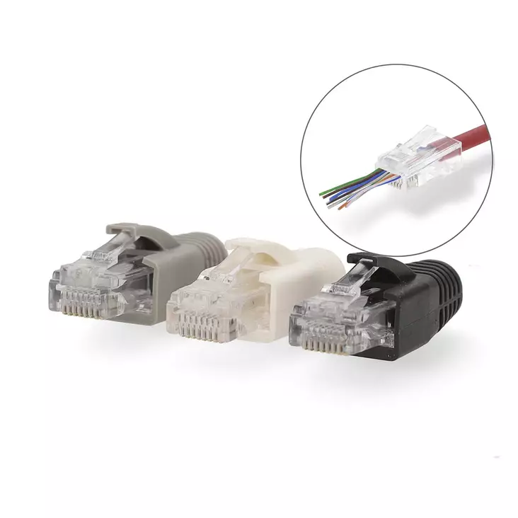 RJ45-kontakt | RJ45 Pass Through | Solid/strängad UTP CAT6 | Rak | Guldplaterad | 10 st. | Polycarbonate | Grå / Svart / Vit | Låda - Dator och nätverk - 5412810336371 - 1