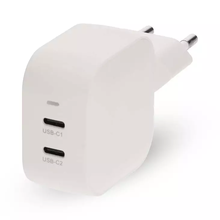 Väggladdare | 45 W | GaN | PD3.0 | 2.25 A / 3.0 A | Antal utgångar: 2 | 2x USB-C | Automatiskt val av Spänning | Vit - Nätladdare - 5412810470211 - 1