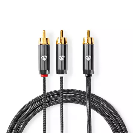 Subwoofer Kabel | RCA Hane | 2x RCA Hane | Guldplaterad | 3.00 m | Rund | 4.5 mm | Grå / Grått Med Metall | Kartong med täckt fönster - Ljudkablar - 5412810324422 - 1