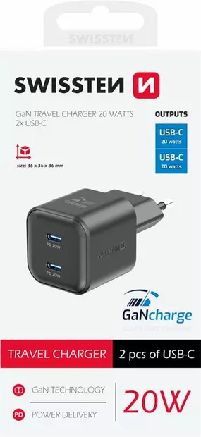 Swissten GaN 2xUSB-C 20W -laturi, musta - Nätladdare - 8595217487192 - 2