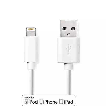 Lightning Kabel | USB 2.0 | Apple Lightning, 8-stifts | USB-A Hane | 480 Mbps | Nickelplaterad | 2.00 m | Rund | PVC | Vit | Label - Nedis produkter - 5412810421022 - 1