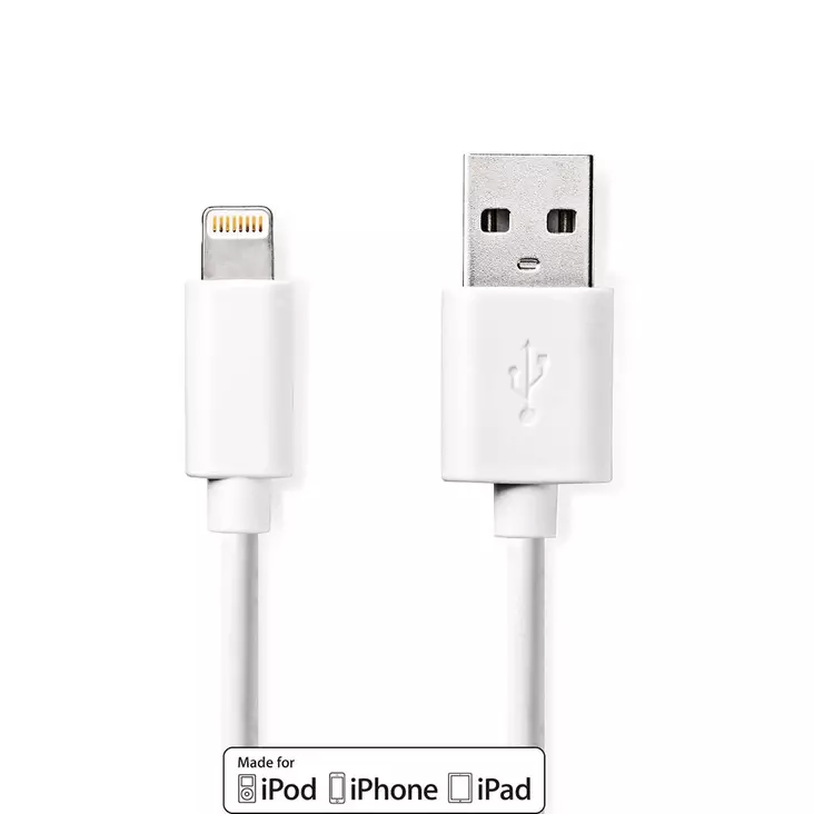 Lightning Kabel | USB 2.0 | Apple Lightning, 8-stifts | USB-A Hane | 480 Mbps | Nickelplaterad | 1.00 m | Rund | PVC | Vit | Låda - Blixtkablar - 5412810288762 - 1