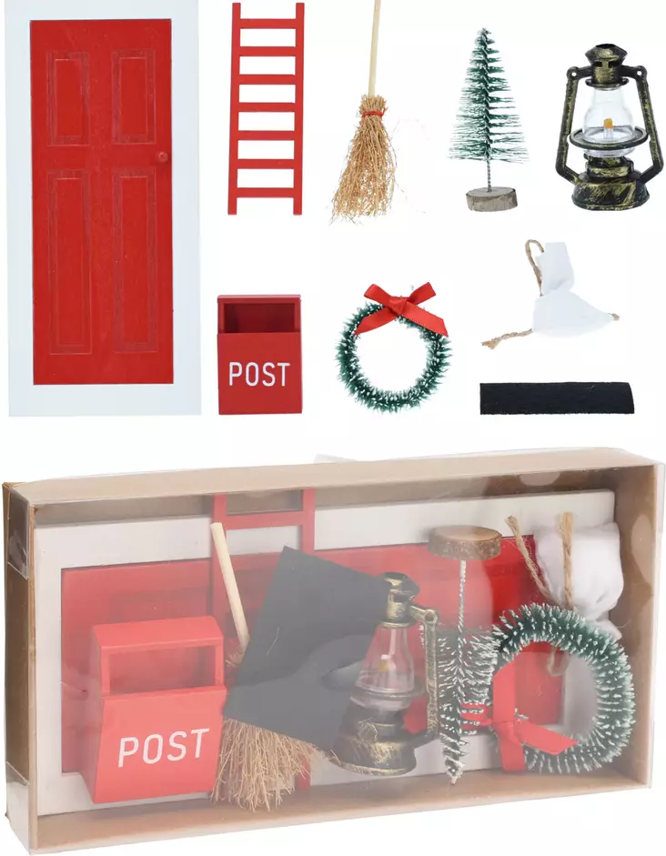 Julens tomtedörr-dekorationspaket 9 delar – träminiatyrset för att skapa en magisk feststämning - Juldekorationer och textilier - 8721037194792 - 1