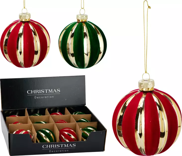 Julgranskula i glas 8 cm med guldrand – lyxig glansig dekoration med sammetslen yta - Juldekorationer och textilier - 8721037672382 - 1