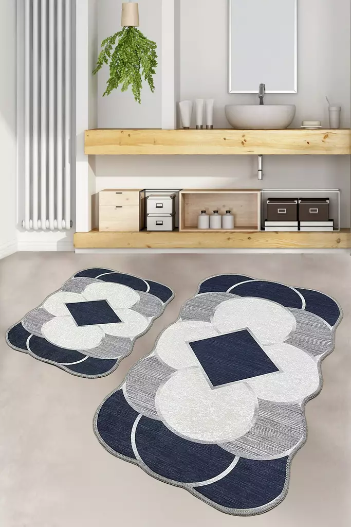 Badrumsmatta Set Mijölnir Mörkblå Grå Vit 100% Polyester Antibakteriell Halkfri 50x60 cm & 60x100 cm - Badrumsmattor och våtrumsmattor - 8683743784462 - 1
