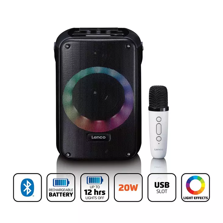 Karaokesystem med Bluetooth®, uppladdningsbart batteri, trådlös karaokemikrofon och LED-belysning för disco Svart - Nedis produkter - 8711902081272 - 1