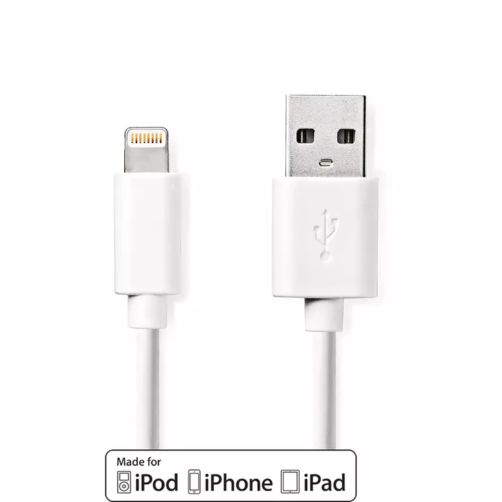 Lightning Kabel | USB 2.0 | Apple Lightning, 8-stifts | USB-A Hane | 480 Mbps | Nickelplaterad | 2.00 m | Rund | PVC | Vit | Label - Nedis produkter - 5412810421022 - 1