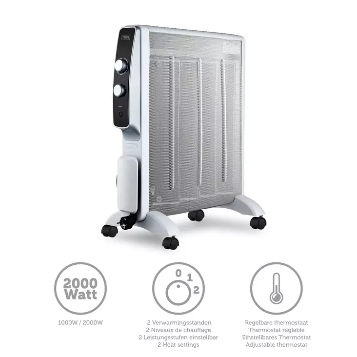 Mobil mikathermisk elektrisk värmare på hjul 2000W Vit - Uppvärmning - 8711902078692 - 1