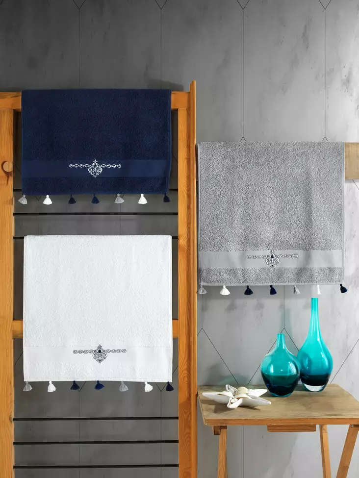 Handduk Set Mijölnir Mörkblå Vit Grå 100% Bomull 50x90 cm 3 Delar - Handdukar - 8682870695993 - 1
